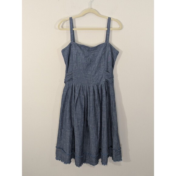 Talbots Dresses & Skirts - Talbots Chambray Blue Denim Tie Back Sundress Womens Size 14 Zip Pockets Raw Hem